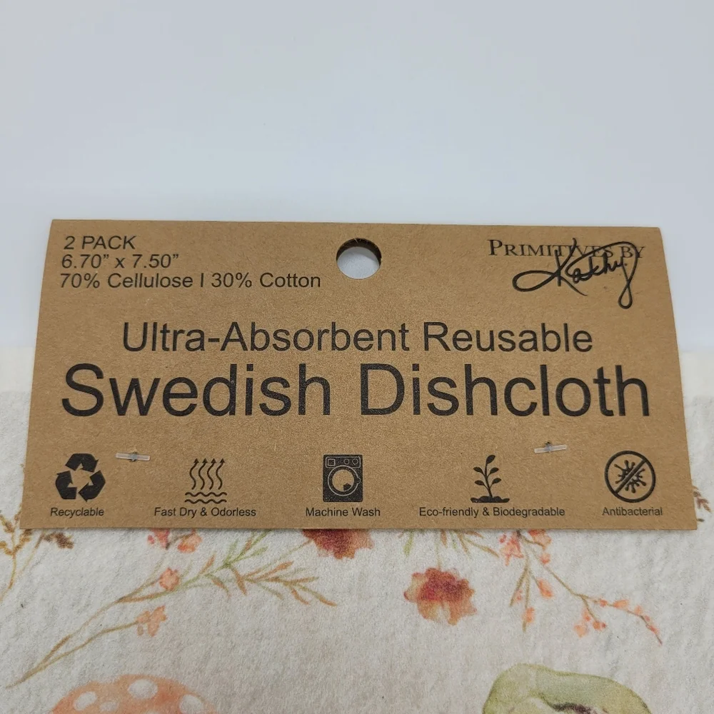 Primitives By Kathy Swedish Dishcloth Set Of 2 Mushroom Floral Design Eco NEW